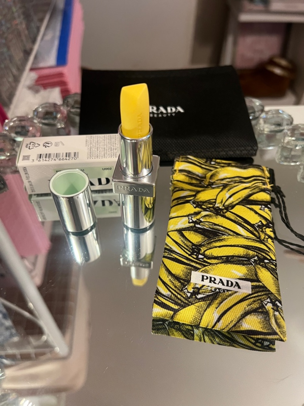 Prada Beauty Yellow Banana Print Pouch and Full Size Lip Balm - Picture 2 of 7